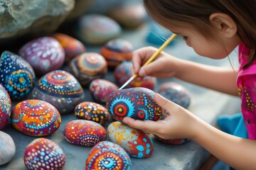 Young child creatively painting rocks with vibrant patterns and designs, focusing intently on the artistic process in an outdoor setting