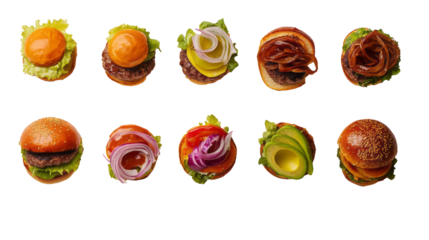 Overhead View of Ten Mini Burgers with Various Toppings on White Background
