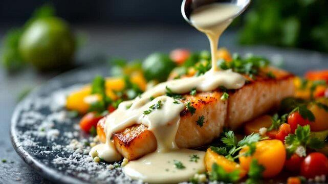 Beautifully arranged fish or veggie dish gracefully drizzling a creamy white garlic sauce over the dish