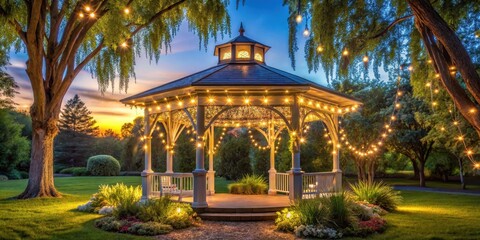 Fototapeta premium Serene garden gazebo under a clear blue sky with soft sunlight filtering through the trees and twinkling string lights in the evening, evening glow, soft focus