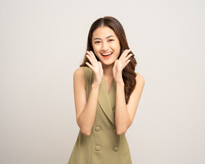 Wow Happy beautiful young asian woman excited pretty girl shout out loud wow with hands on mouth...
