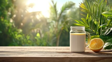Creamy beverage in mason jar with orange slice on wooden table, sunny tropical background.