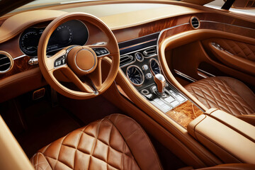 Capturing an elegant brown leather car interior, highlighting luxurious materials and sophisticated design elements for a premium experience