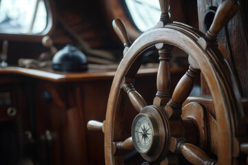 Close up of a polished wooden helm featuring an embedded compass, highlighting traditional navigation tools in an antique boat's cabin