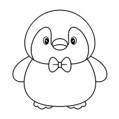 Cute Penguin with Bow Tie Outline Vector Illustration. Penguin with a rounded body, chubby cheeks, and short, stubby wings, expressive eyes with highlights, giving it a charming expression.