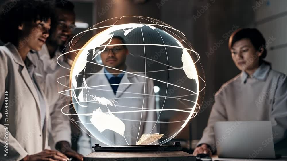 Poster a holographic globe spins in a virtual space with bright lines representing global data networks as 