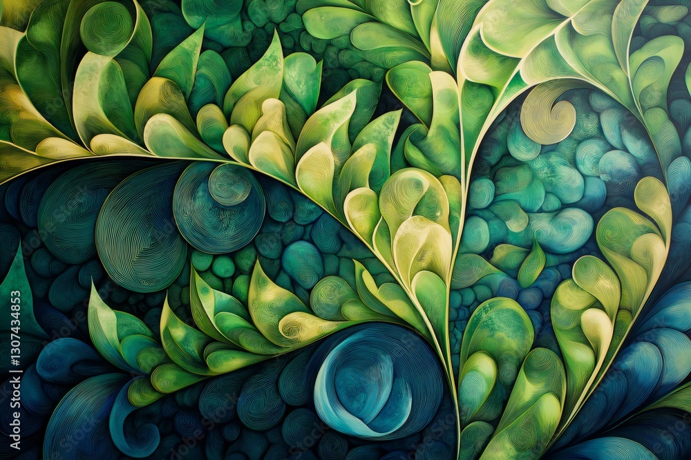 Poster fractal inspired design creating intricate organic shapes with flowing lines and vibrant shades of g