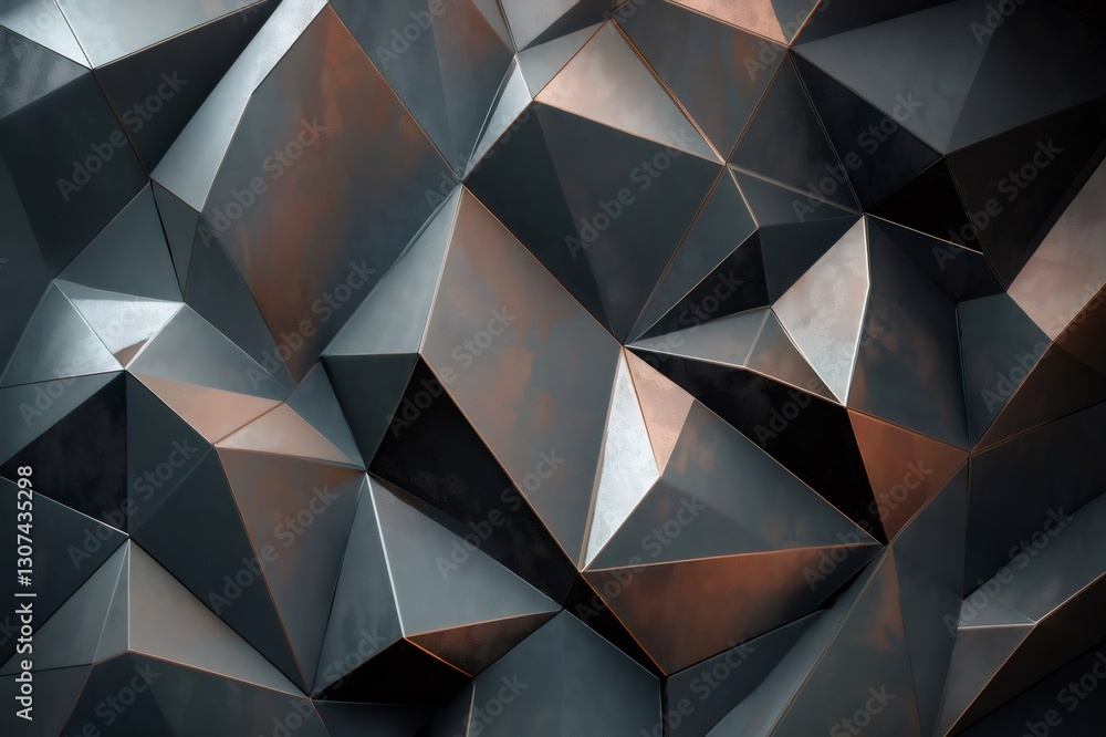 Poster metallic polygonal shapes creating a futuristic gradient filled background with copper and gray tone