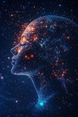 Digital depiction of a human head made of glowing particles