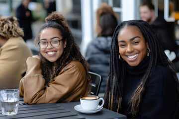 Two happy multi ethnic female friends enjoying coffee break together at outdoor cafe, talking and smiling