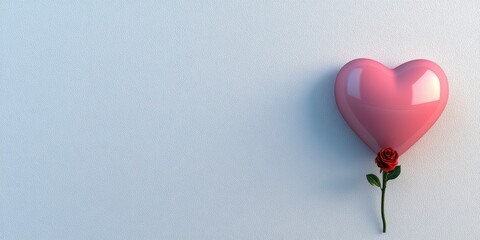 Pink Heart and Red Rose on White Textured Background