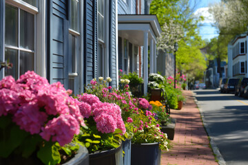 Fototapeta premium Pink hydrangeas and colorful flowers adorn the sidewalk of a charming historic district on a bright spring day