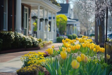 Yellow tulips and other flowers blooming in the garden of a historic district with colonial style houses during a sunny spring day