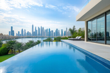 Luxurious villa featuring an infinity pool, offering breathtaking views of the skyline on a sunny summer day
