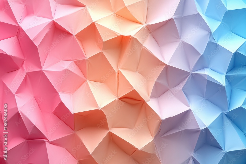 Poster abstract polygonal paper art blending from soft pink and peach to serene blue creating a visually dy