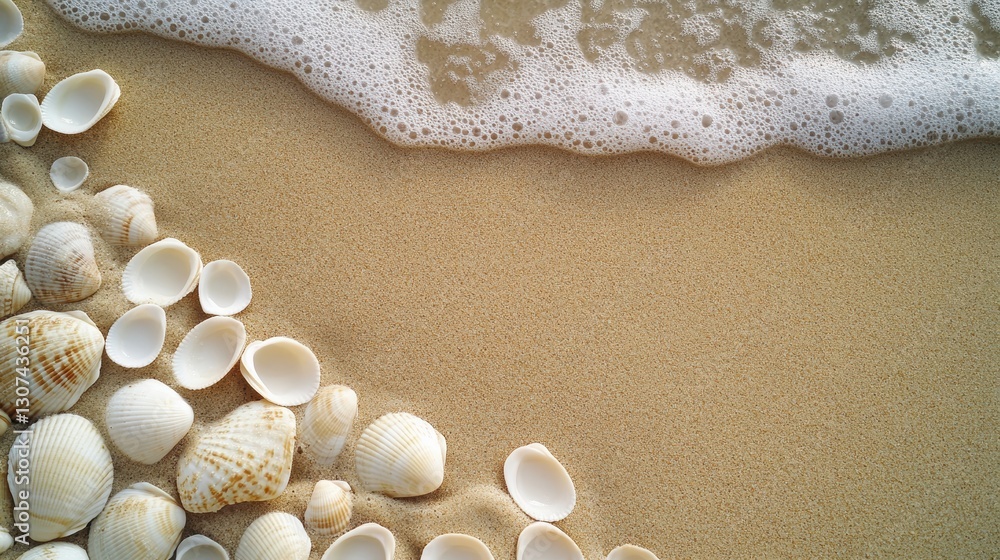 Poster close-up of various seashells on sandy beach with gentle ocean waves washing ashore creating a seren