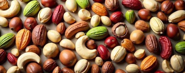 Seamless pattern of mixed nuts including cashews, pistachios, and hazelnuts on a textured backdrop, pistachios, mixed
