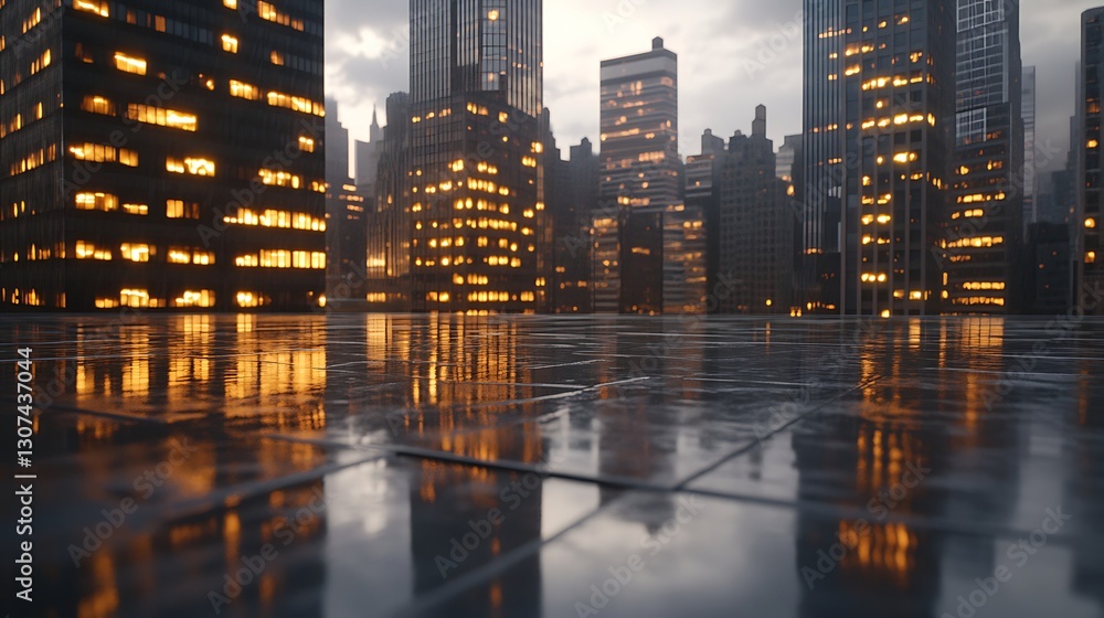 Poster urban skyline at dusk with illuminated skyscrapers and reflective surfaces.