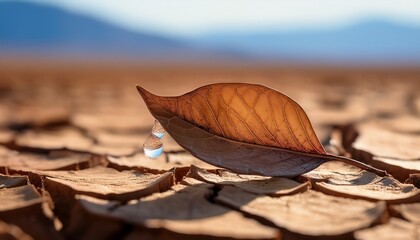 a single water droplet clings to the tip of a brown dried leaf contrasting with the dry parched ground below the scene captures the struggle for survival in warm conditions