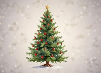 Watercolor Christmas tree with holly and snowflakes, festive, sparkling snow, winter