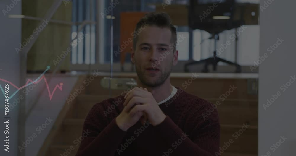 Aufkleber man in office setting with graph animation overlay on left side