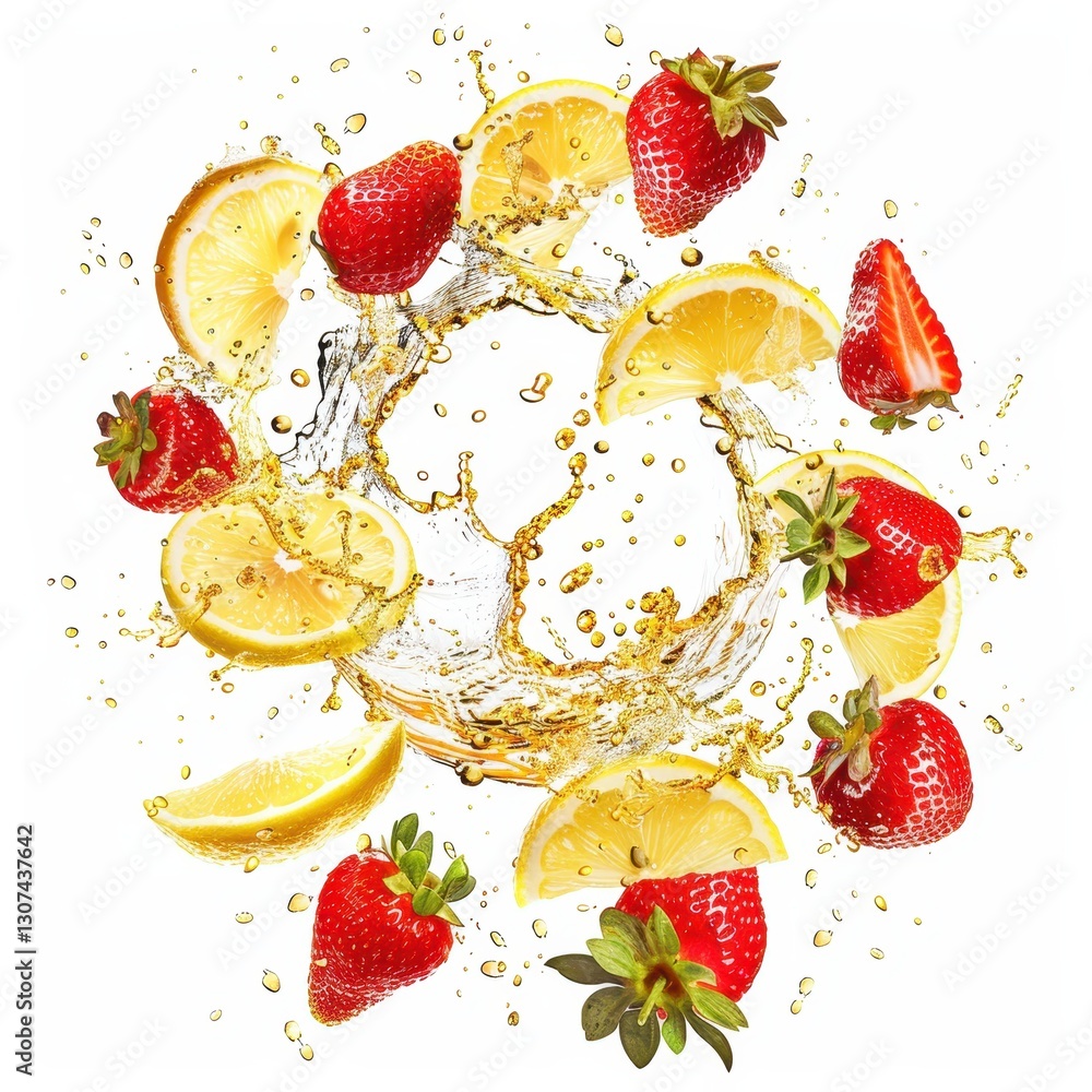 Poster refreshing splash of lemonade with strawberries captured in circular motion