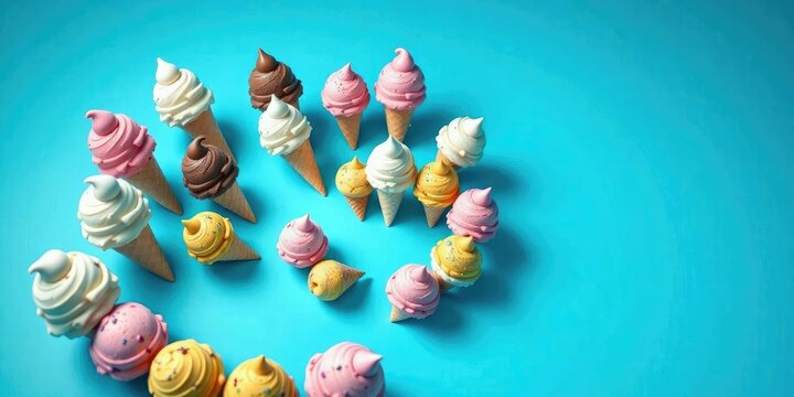 Whimsical ice cream scoops arranged in a playful spiral on a bright blue background , confectionery, colorful, whimsy