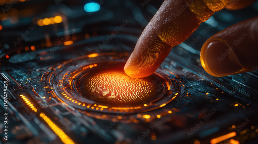 Aufkleber close-up of a glowing biometric fingerprint scanner in a high-tech authentication process