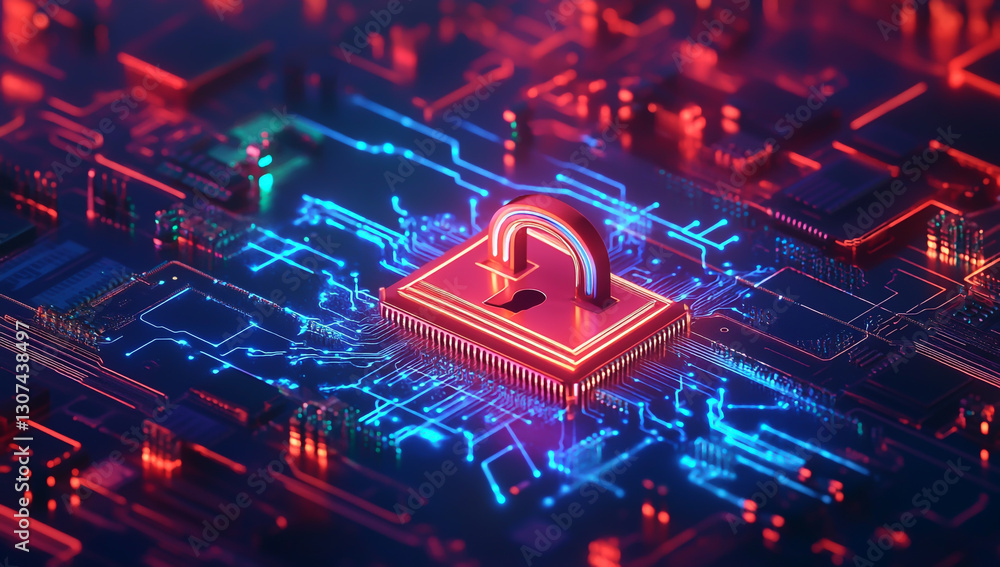Poster cybersecurity digital data protection, padlock icon on circuit board background.