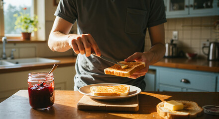 Man spreading butter on toast in a sunny kitchen