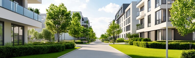 Modern residential street lined with trees and contemporary buildings under a bright sky.