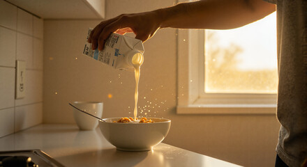 Pouring milk into cereal bowl in sunlit kitchen