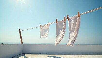 White and light gray clothes swaying in the breeze on a colorful rope, rooftop, clothing, calming atmosphere