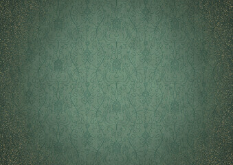 Hand-drawn abstract ornament. Dark green on light cold green background, with vignette of darker background color and splatters of golden glitter. Paper texture. A4. (pattern: p13-1c)