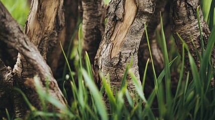 Obraz premium Lush Spring Nature Scene with Thick Tree Trunks