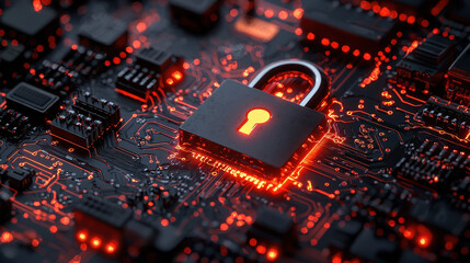 Digital padlock on glowing circuit board representing data protection and encryption technology