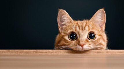 Curious orange cat peeking over a wooden surface