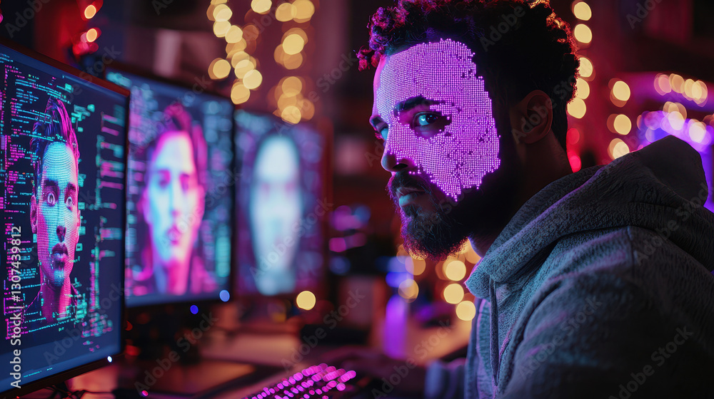 Poster hacker creates deepfake content in a dimly lit room enhanced by neon visuals and synthetic faces