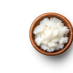 White Shea Butter Chunks in Dark Brown Wooden Bowl on White Background