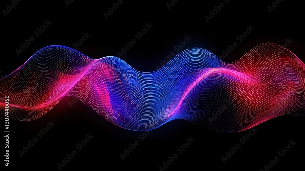 Poster abstract flowing waves of colorful neon glowing lines are displayed