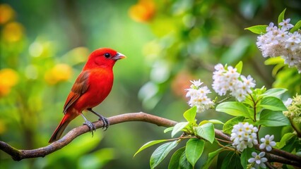 A vibrant red bird perched on a thin tree branch with leaves and flowers surrounding it in a lush green forest setting , avian photography, wildlife nature