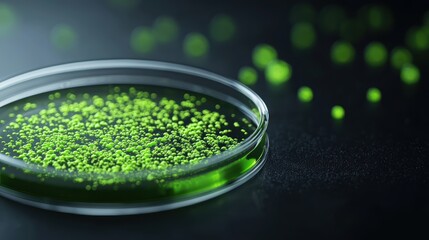 Petri dish with vibrant green microbial culture