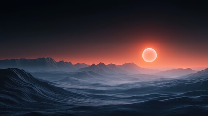 Surreal alien landscape at sunset with distant mountains