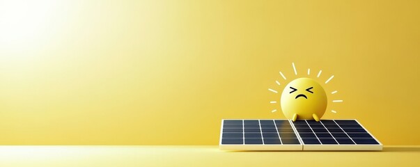 peak energy demand concept. A cartoon sun on solar panels against a bright yellow backdrop.