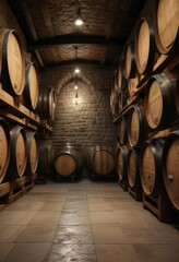 Wine cellar interior with oak barrels aging wine and whiskey, storage, cellar, whiskey