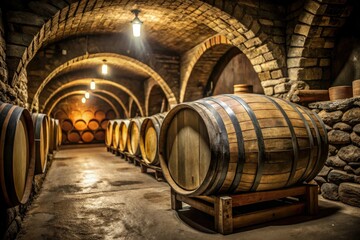Wine barrel in a dimly lit cellar with stone walls and old wooden crates, cobweb, dusty