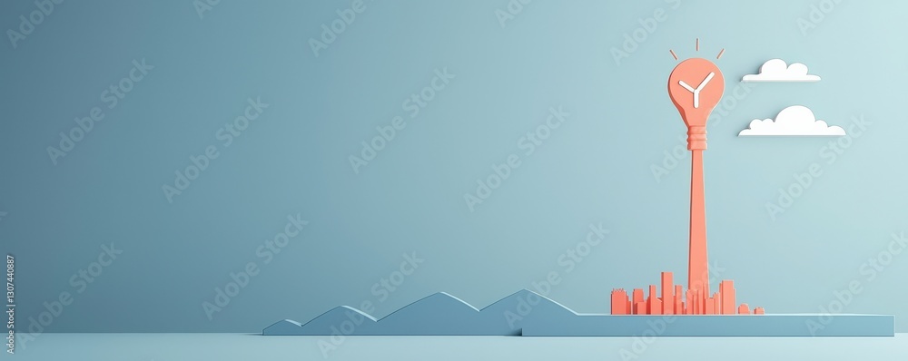 Poster peak energy demand concept. abstract landscape with a tall structure and clouds in a minimalist styl