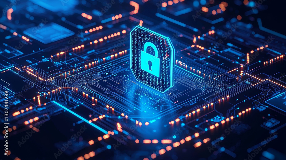 Poster digital security concept with lock symbol on circuit board