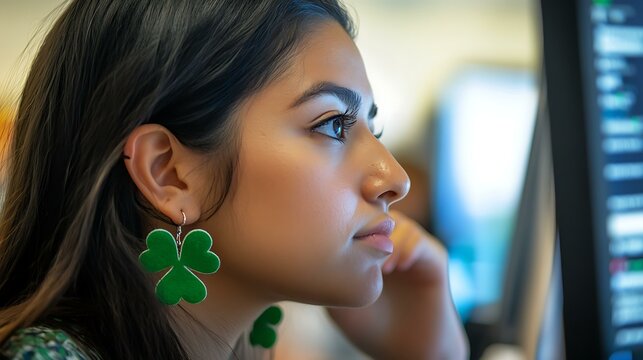 A focused young Latina coder adjusting her shamrock earrings while reviewing a line of code on her monitor