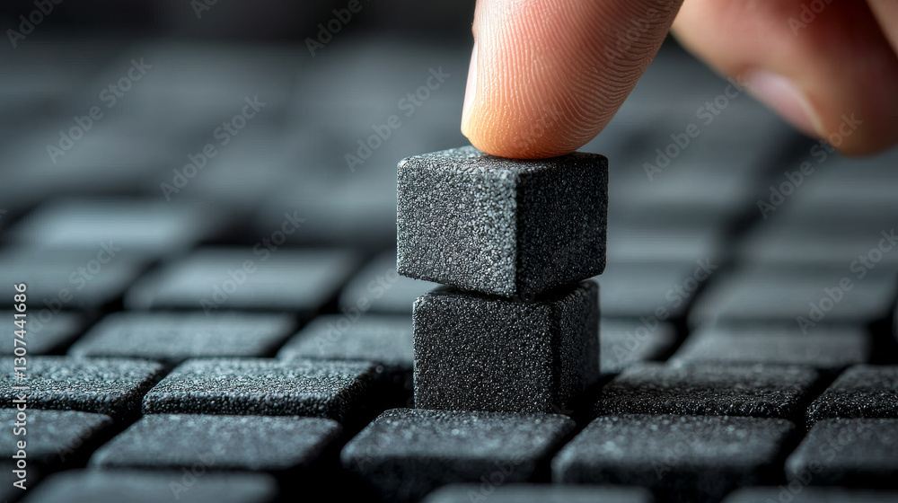 Poster building structure with black cubes, showcasing focus and precision